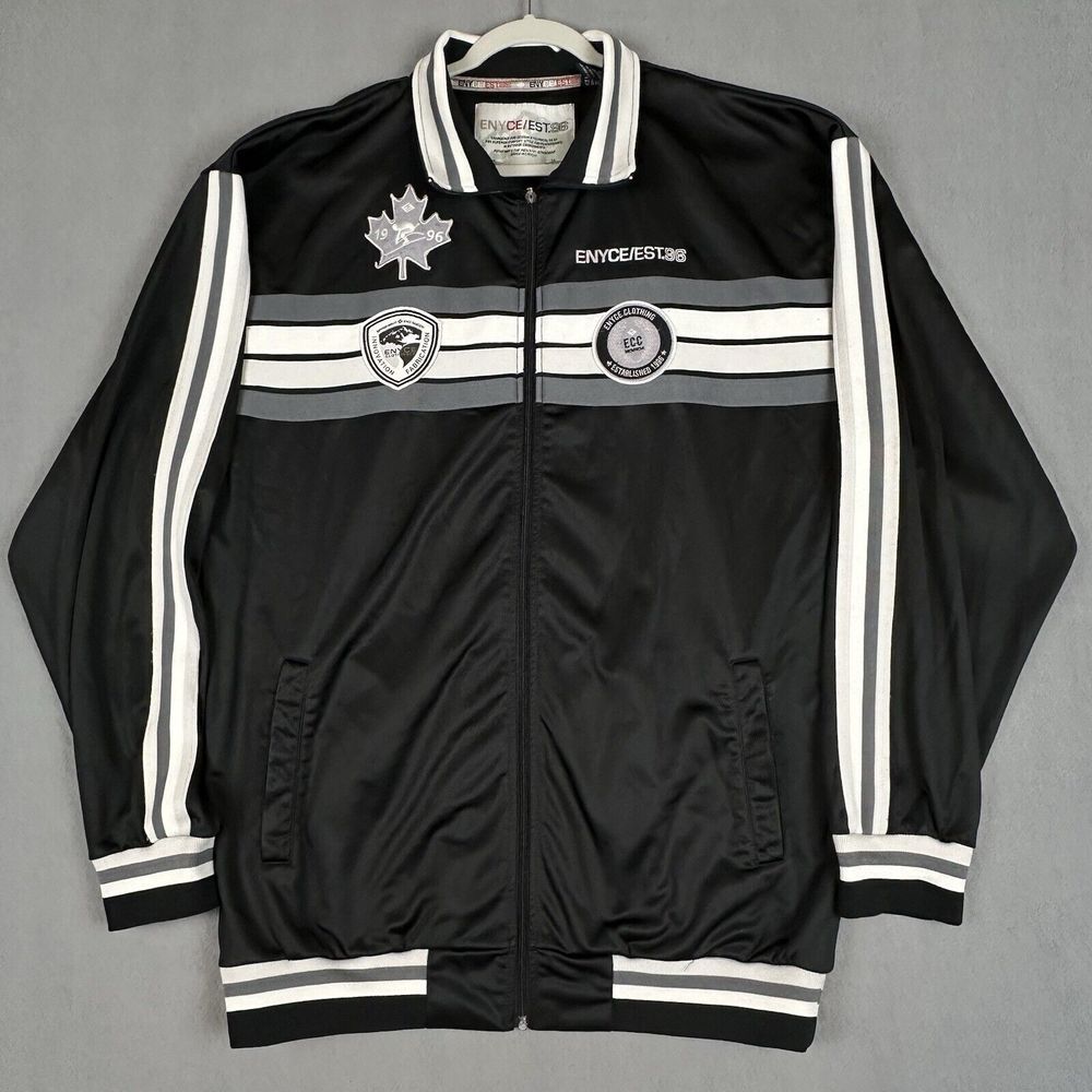 ENYCE Satin Track Jacket XXL Black Patches Hip Hop Silky Full Zip VTG 90s Y2K